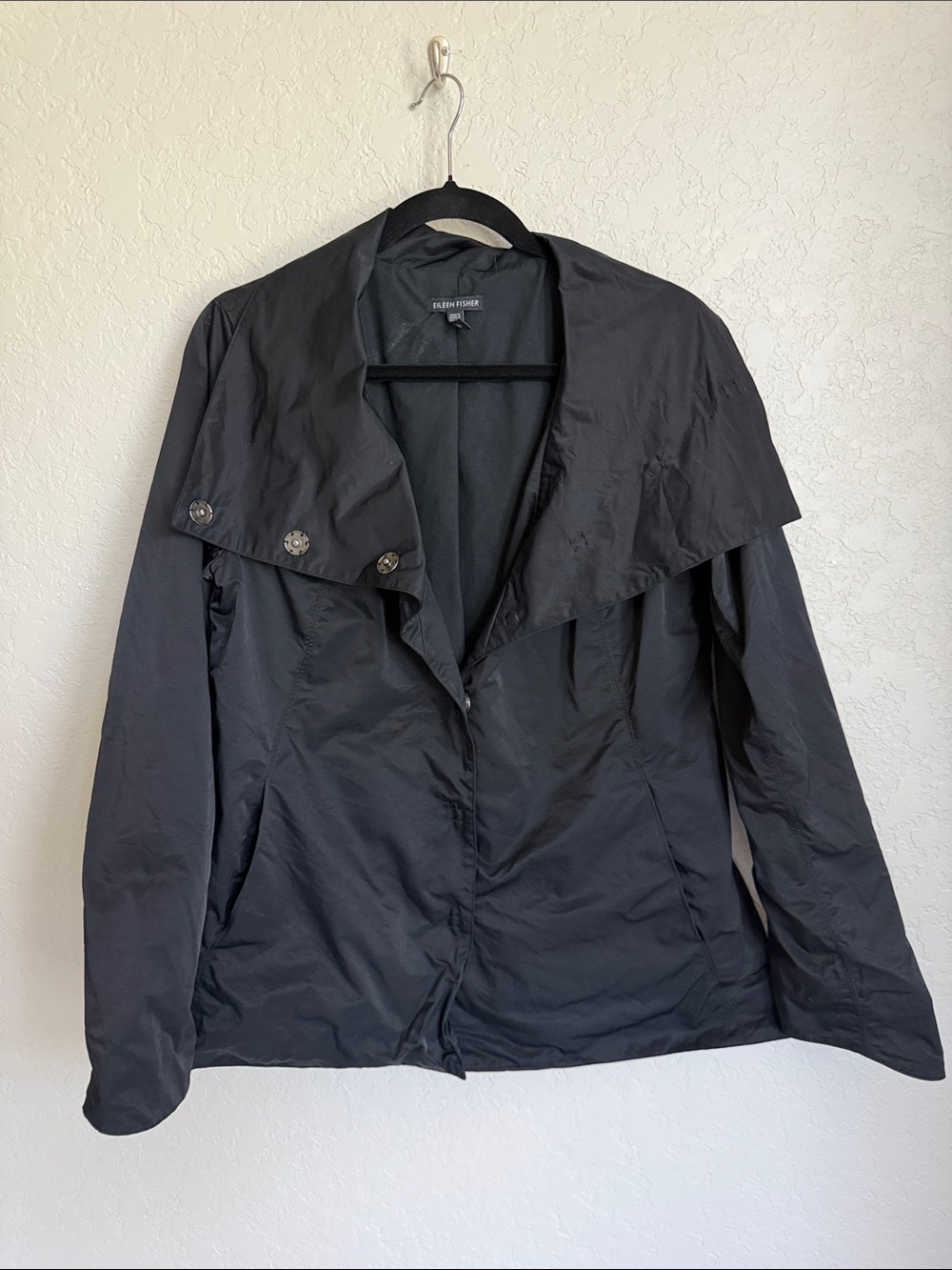 Eileen Fisher Black Draped-Collar Raincoat